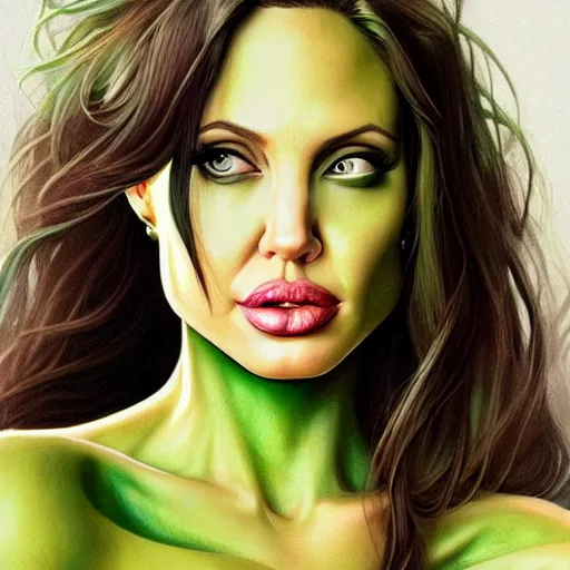 Image similar to highly detailed portrait of angelina jolie as green muscular she - hulk, very pretty, elegant, full body portrait, stephen bliss, unreal engine, fantasy art by artgerm, loish, rhads, ferdinand knab, makoto shinkai and lois van baarle, ilya kuvshinov, rossdraws, tom bagshaw, global illumination, illustration