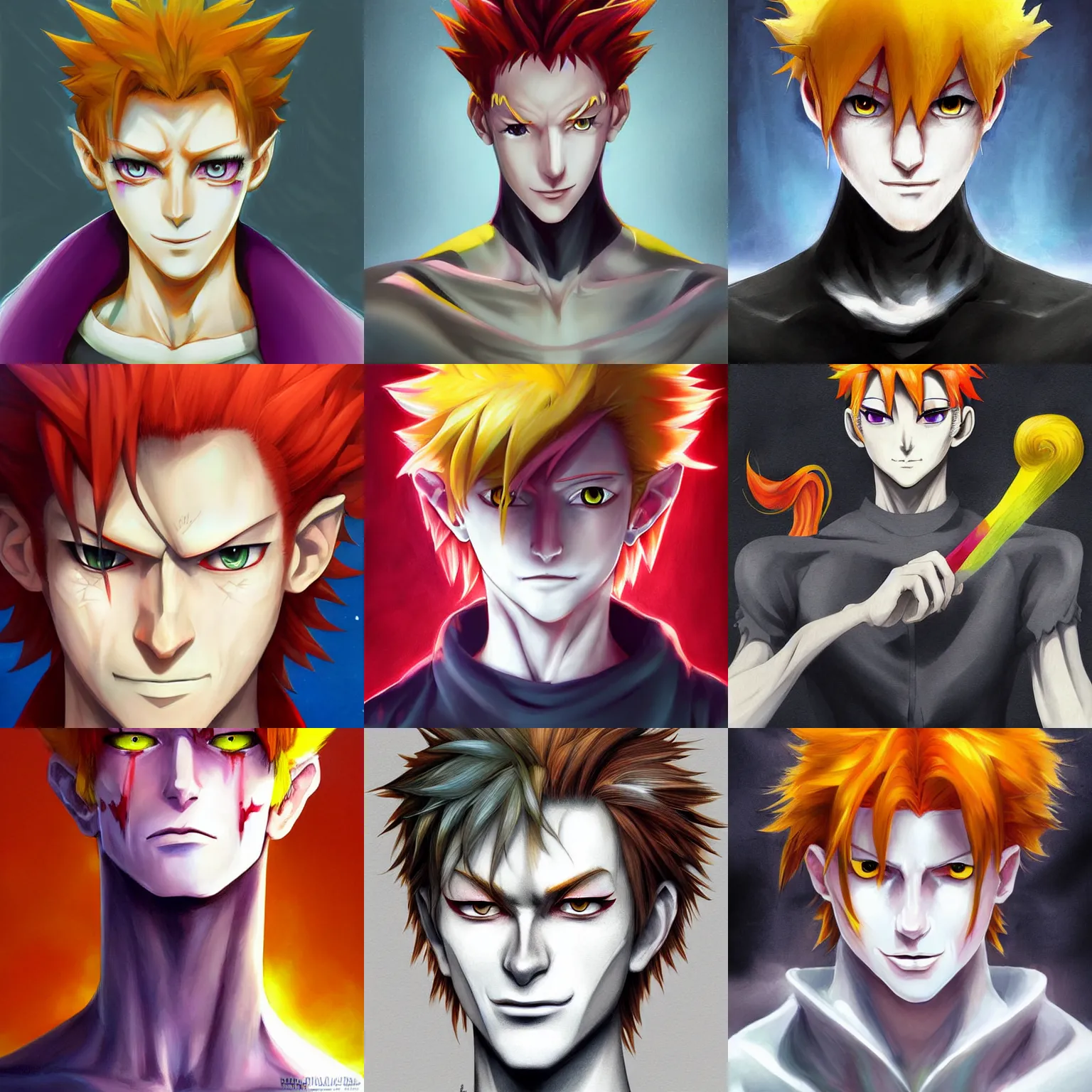 Prompt: portrait of hisoka morow hunter hunter vaguely bowie, evil devious male, upper body sharp jaw yellow eyes narrow eyes red hair, tousled medium length hair, anime, highly detailed, digital painting, artstation, key art anime sharp focus, i studio ghibli pixar and disney animation hunterpedia art by artgerm