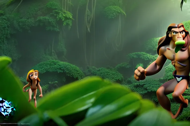 Image similar to cartoon tarzan in the jungle, screenshot in a typical pixar movie, disney infinity 3 star wars style, volumetric lighting, subsurface scattering, photorealistic, octane render, josh black