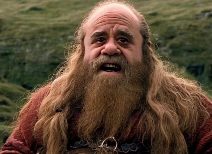 Image similar to film still of danny devito as gimli in lord of the rings movie, 8 k