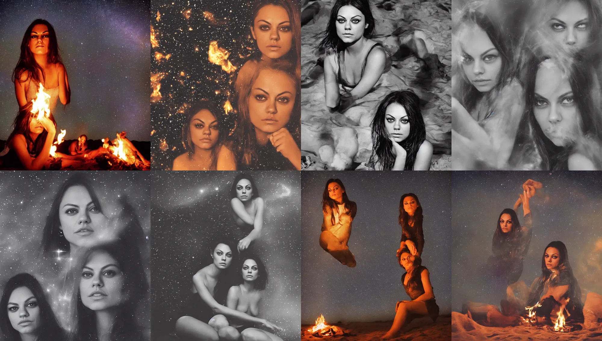 Prompt: face portrait of mila kunis sitting next to a beach campfire at night, stars, nebula, 1 9 6 0 s