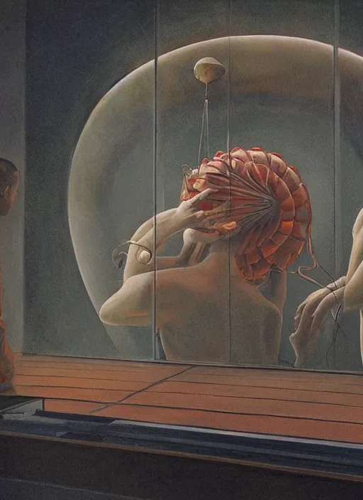 Prompt: a still from the movie the arrival, heptapods, surreal, james jean, greg hildebrandt, in the style of francis bacon and edward hopper and jean girardi, dark surrealism, science fiction