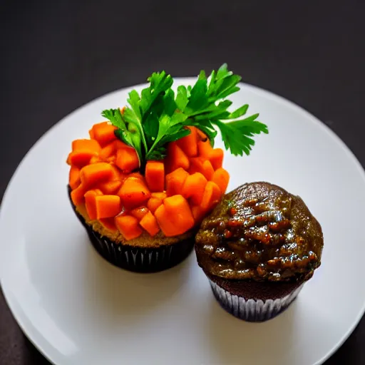 Prompt: A beef stew cupcake with a side of freshly shaved carrot and caviar, high definition photography, 8k, food photography