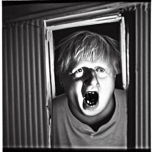 Image similar to photo of the inside of a dark old rainy bedroom window at night, dimly lit creepy | screaming face of boris johnson staring in and pressing his face against the window and his bloody hands pressed against the window, horror, scary face, demonic face,