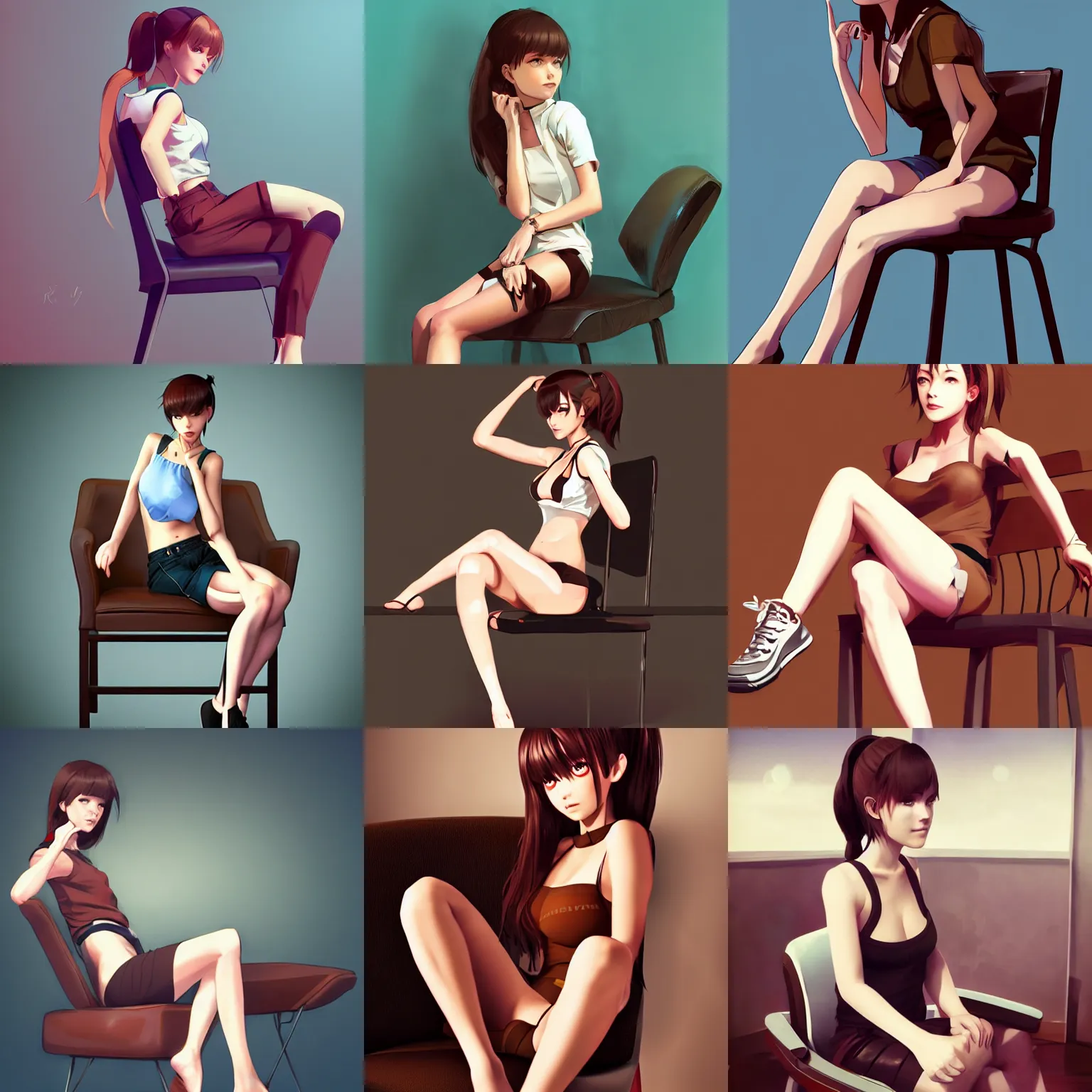 Prompt: sexy girl wearing shorts, brown hair in a ponytail, sitting on a chair, in the style of ilya kuvshinov and ross tran