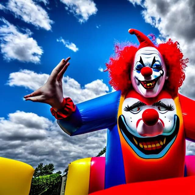 Prompt: scary clown made of bouncy castle, highly detailed, 8 k, hdr, smooth, sharp focus, high resolution, award - winning photo