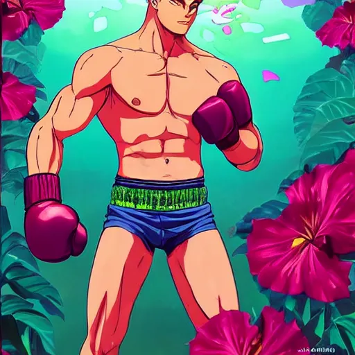 Prompt: handsome boxer, punching, wearing neon boxing shorts, bodybuilder posing, portrait surrounded by hibiscus flowers, jojo cover art, jojo anime style, david production, style of vento aureo cover art, style of stone ocean cover art, style of steel ball run cover art, style of jojolion cover art, ilya kuvshinov style, illustrated by hirohiko araki