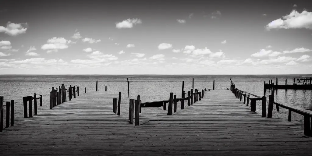 Prompt: infrared photograph of a seaside dock