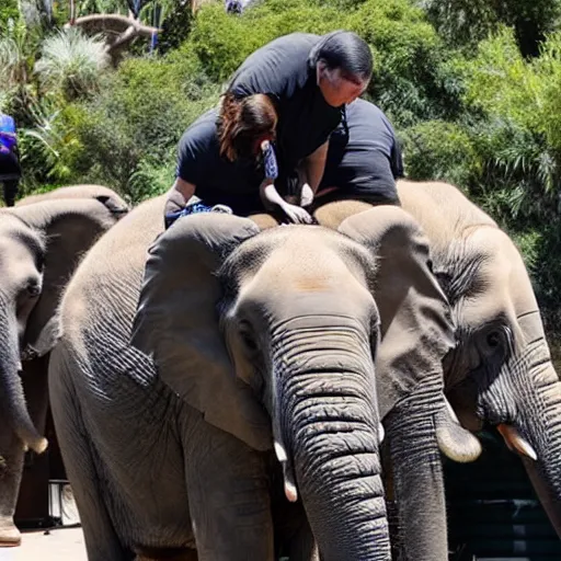 Prompt: minions swarm and consume an elephant at the san diego zoo, much to the horror of onlooking zookeepers