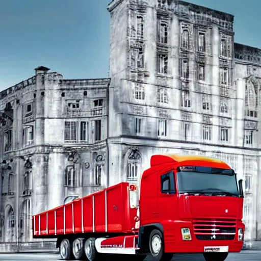 Prompt: A lorry/truck designed and produced by Ferrari, promotional photo