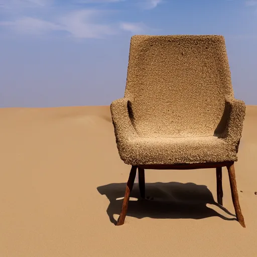 Prompt: a chair made of sand in the desert