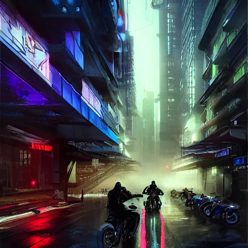 Image similar to street with motorbike speeding, cyberpunk, by stephan martiniere, night, foggy, detailed