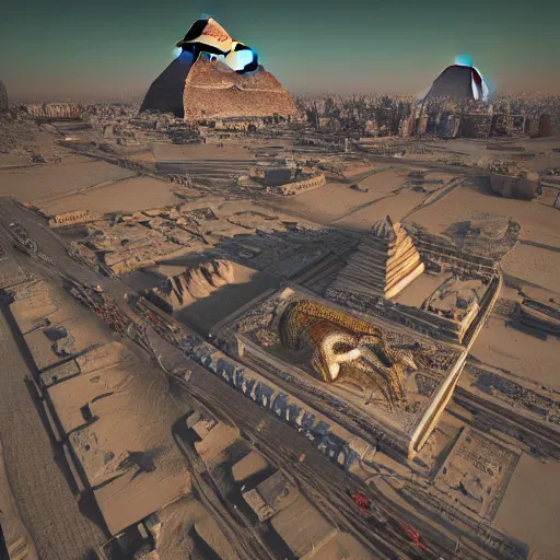 Image similar to an scene of an intricate hyper detailed sphynx in giza, cinematic lighting, bird's - eye view