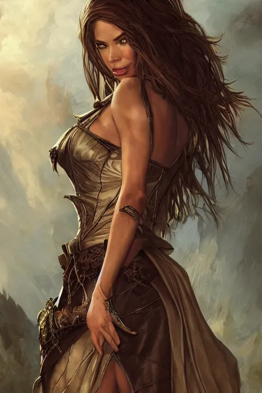 Image similar to Sofia Vergara as a heroine with a dress inspired by the witcher, digital painting, artstation, concept art, smooth, sharp focus, illustration, in-frame, centered, art by artgerm and donato giancola and Joseph Christian Leyendecker, Ross Tran, WLOP