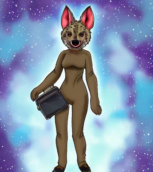 Prompt: full body digital artwork of anthromorphic female hyena, fursona, furry, furaffinity, deviantart, wearing space outfit, floating in space