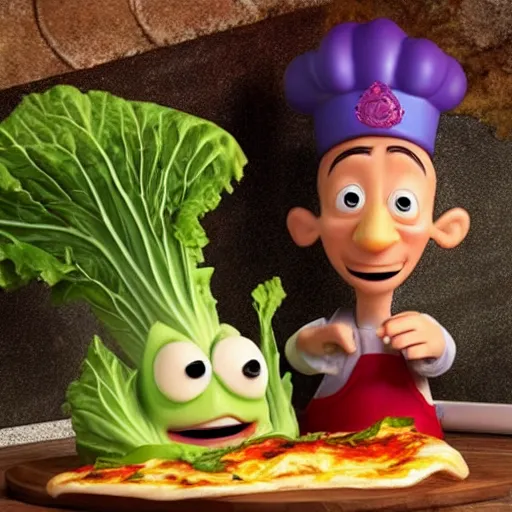 Prompt: cabbage character and king with crown, cooking pizza in a wood fired oven, highly detailed 3 d render, funny, pixar