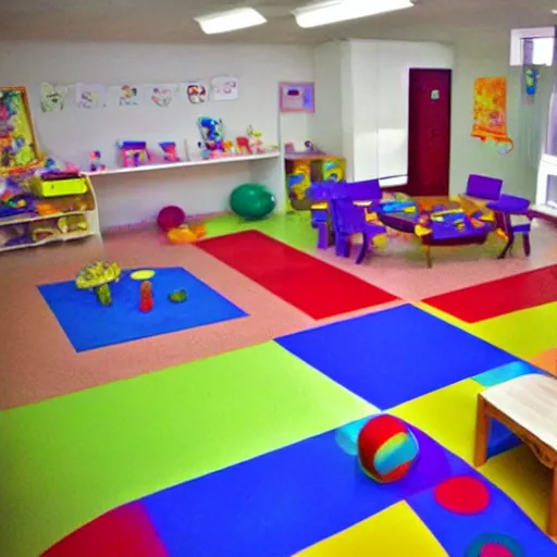Prompt: childrens daycare indoors limital space, not well litt, creepy photo