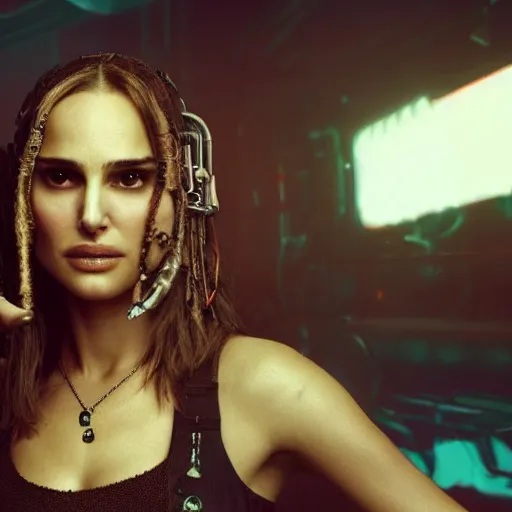 Image similar to a high quality portrait of natalie portman as a pirate in a cyberpunk cyberpunk cyberpunk cafe, realism, 8k, award winning photo