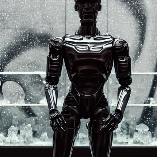 Image similar to made of ice, a realistic detailed photo of a guy who is an attractive humanoid who is half robot and half humanoid, who is a male android, on display, blank stare, showing off his muscles, shiny skin, posing like a statue, by the pool, frozen ice statue, twitch streamer / gamer ludwig, humanoid robot