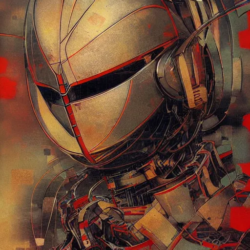 Image similar to “ a simple concept art portrait of a sleek robot design with armor, an award winning yoshitaka amano digital art, by adrian ghenie and gerhard richter. art by takato yamamoto. masterpiece, deep colours. ( 8 k, full resolution ) ”