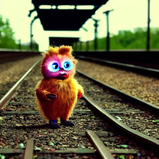 Image similar to A furby standing on the infinite tracks of an abandoned railway, liminal space, 4K HD, trending on artstation, cinematic