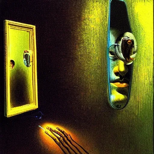 Image similar to The robot recognizes itself in the mirror- contest-winning artwork by Salvador Dali, Beksiński, Van Gogh and Monet. Stunning lighting
