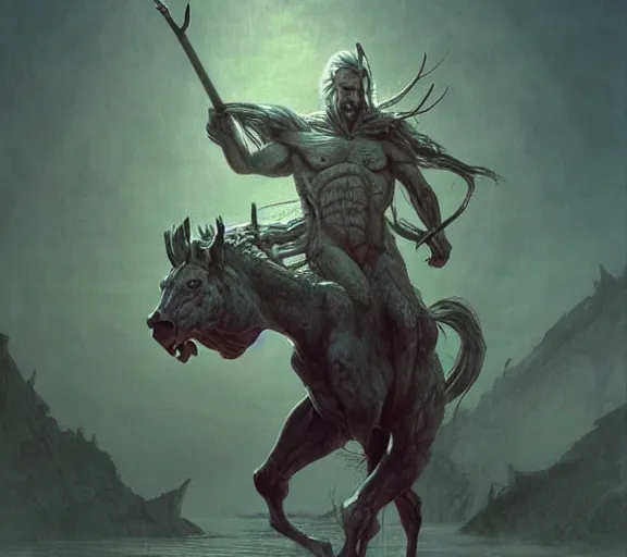 Prompt: centaur concept, full body concept, beksinski, wayne barlowe, adrian smith fantasy art, the hobbit art, lord of the ring art, the witcher concept art, trending on artstation, game of throne art