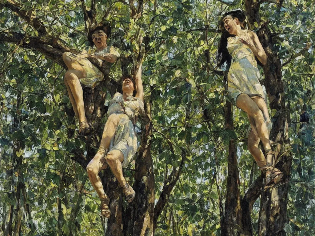 Prompt: tall woman climbing a tree, 1 9 6 0, denis sarazhin, oil on canvas