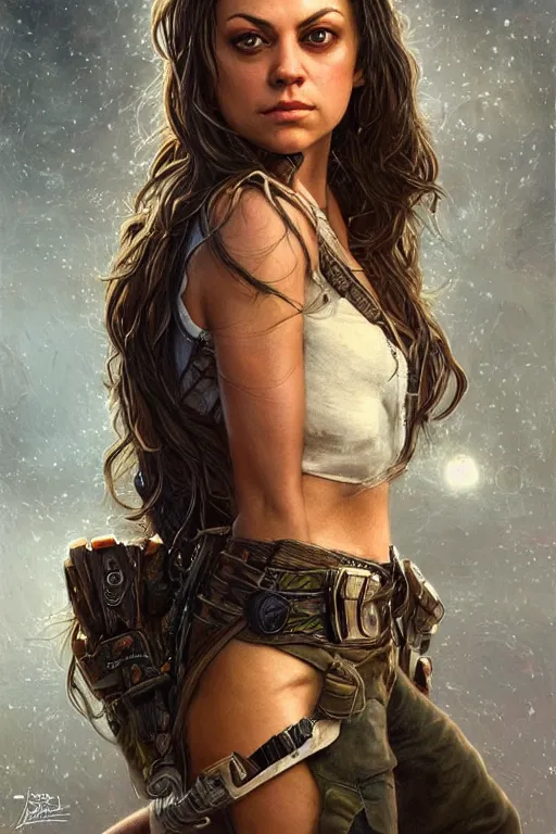 Image similar to tough Mila Kunis as a ruggedly handsome heroine, intricate, elegant, highly detailed, centered, artstation, concept art, smooth, sharp focus, illustration, bokeh art by artgerm and donato giancola and Joseph Christian Leyendecker, WLOP