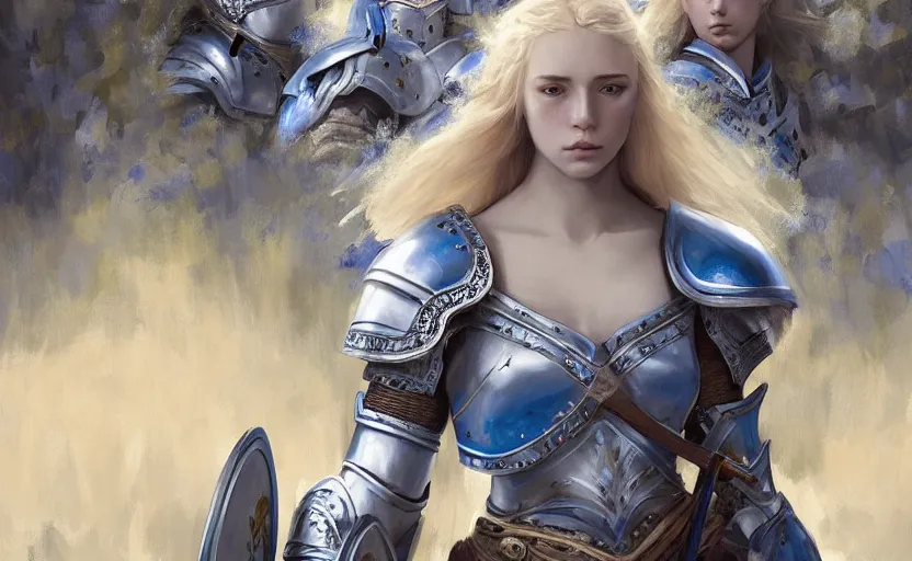 Prompt: young blonde female warrior in heavy blue and white armor, surrounded by crowd of knights, epic wallpaper, wide shot, high fantasy, flowers and trees, intricate detail, digital painting, artstation, concept art, smooth, sharp focus, illustration, art by monia merlo and wlop and artgerm and craig mullins