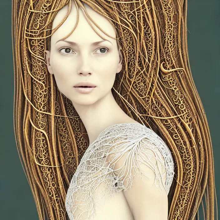 Image similar to Portrait of a beautiful woman like a queen-roots-angel, dressed in long elegant intricate ornamental roots white dress, natural skin tone, intricate mandelbrot fractal highly detailed roots ornament in the upper side of breast, bust with a very long neck , hair are wired roots, elegant, highly detailed intricate roots ornament in her long hair, Realistic, Refined, Highly Detailed, natural lighting colors scheme, fine art photography by Flora Borsi, volumetric lighting, hyper realistic photography, 8k