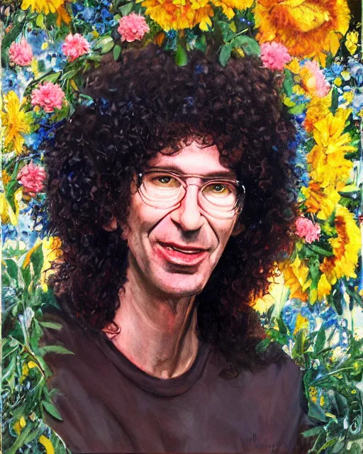 Prompt: a painting of howard stern with flowers in his hair, a character portrait by drew struzan, behance contest winner, american scene painting, oil on canvas, matte drawing, studio portrait