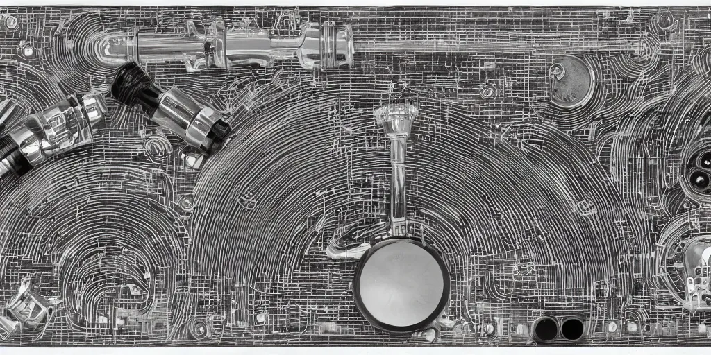 Image similar to mechanical diagram of an electronic trumpet made of silver, bone, pvc and miscellany