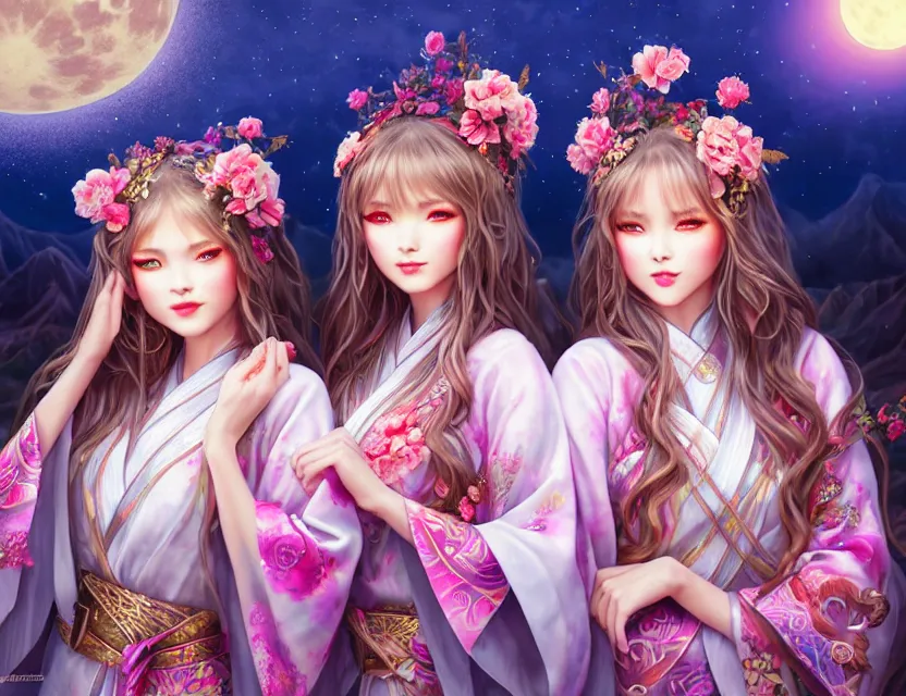 Prompt: two beautiful alluring siberian girls wear fantasy kimono in festival | | sunny night, full moon, dreamlike art, realistic shaded, smile, good looking, hyper details, 4 k realistic, cryengine, realistic shaded lighting poster by artgerm, ross tran, fuji choko, 8 k resolution, trending on artstation, luxury