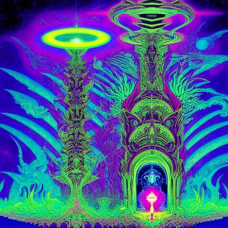 Image similar to mysterious cosmic kitten hovering over haunted mystical temple, infinite hallucinogenic fractal waves, # f 2 2 2 ff # 8 c 1 eff synthwave, bright neon colors, highly detailed, cinematic, eyvind earle, tim white, philippe druillet, roger dean, ernst haeckel, lisa frank, aubrey beardsley, kubrick