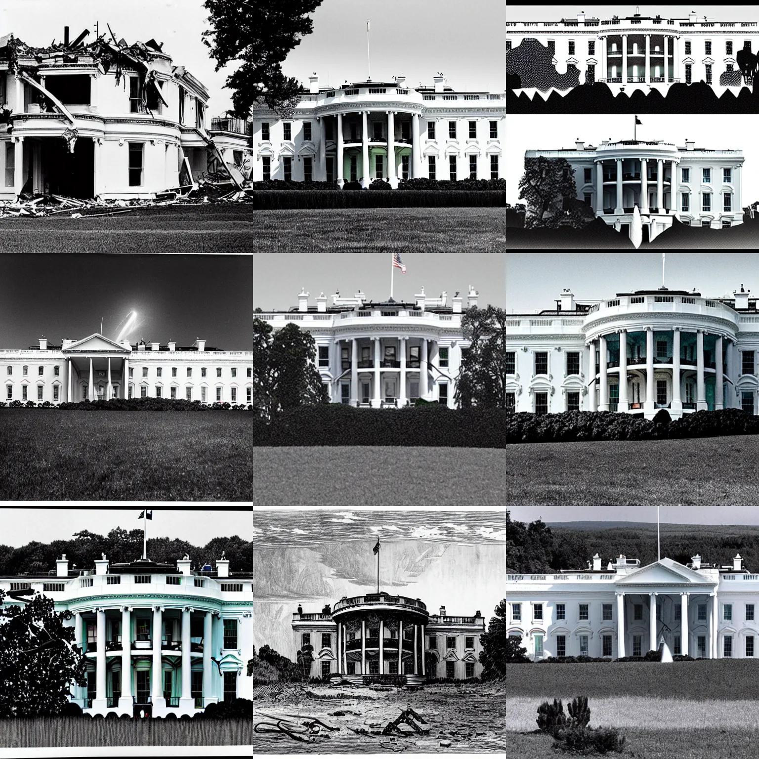 Prompt: the white house in ruins after it was attacked by the alien mothership