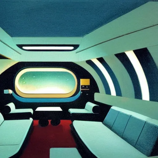 Image similar to Cozy sleeping quarters interior of a spaceship, teal lighting, cozy lighting, space seen outside from a window, by Syd Mead, John Harris, Federico Pelat