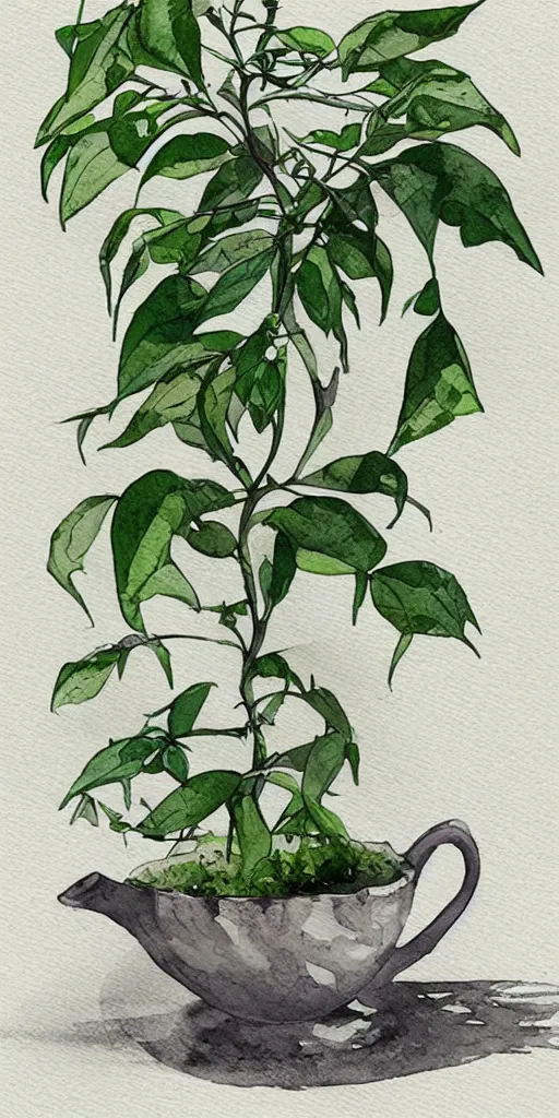Prompt: water color and pen, high resolution, detailed, trending on artstation, surreal alien tea plant