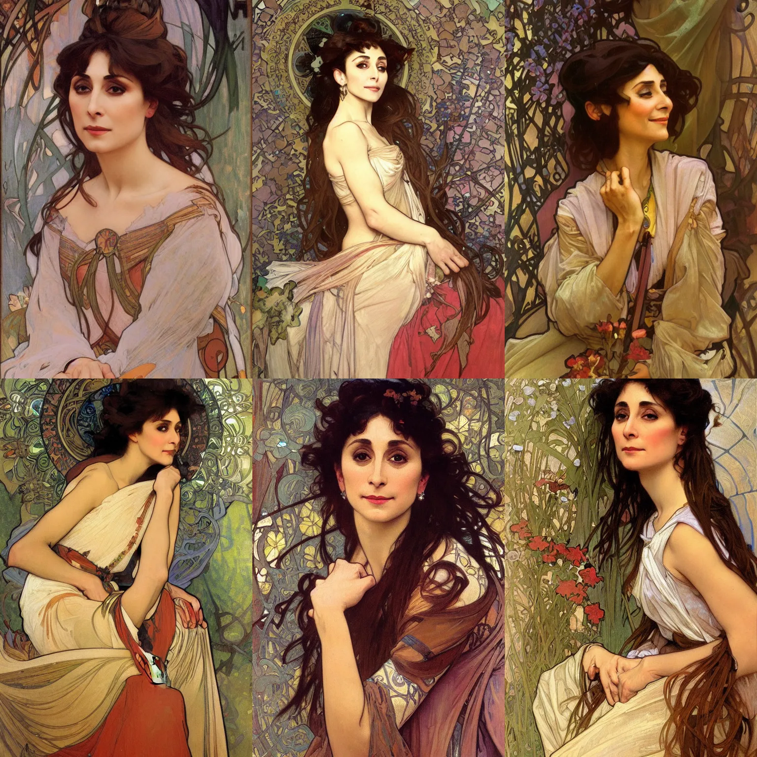 Prompt: A beautiful portrait of Cherie Gil by Alphonse Mucha and John William Waterhouse, oil painting, detailed, proportional, trending on art station, 4k,