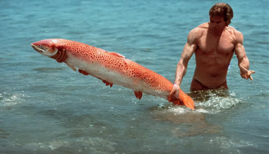 Image similar to 7 0 s movie still of putin in speedo, catching a salmon with his hands, cinestill 8 0 0 t _ 3 5 mm eastmancolor, heavy grain, high quality, high detail