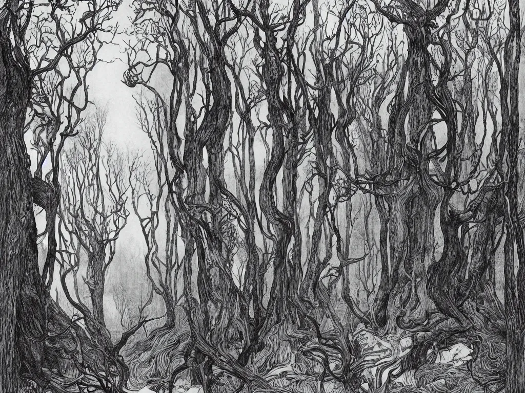 Prompt: dense forest, artstation, by aubrey beardsley, by caspar david friedrich, by laurie lipton, by kay nielsen, by ivan shishkin, calligraphy, divine, paradox, gnarly trees, terrifying, witchcraft!, hope, mountains in background
