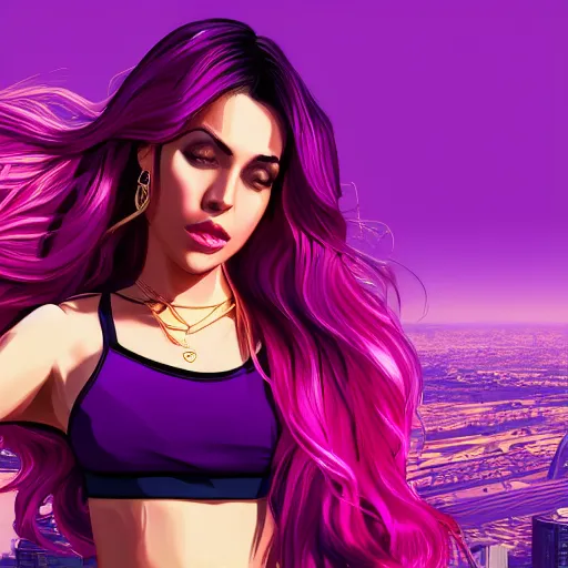 Image similar to a stunning GTA V loading screen with a beautiful woman with ombre hairstyle in purple and pink blowing in the wind, city streets, golden ratio, digital art, trending on artstation