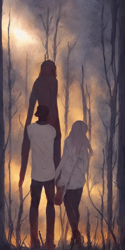 Prompt: a couple is looking back to dried our area where the trees are burning blue fire trending on artstation infinite image