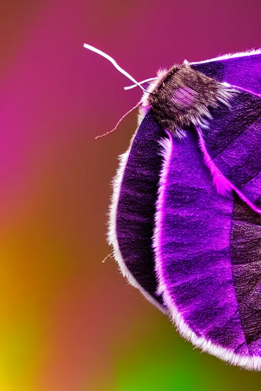 Image similar to high quality macro photo pearlescent furry moth! jeweled gorgeous! highly detailed david ligare elson peter cinematic purple neon lighting high quality low angle hd 8k sharp shallow depth of field