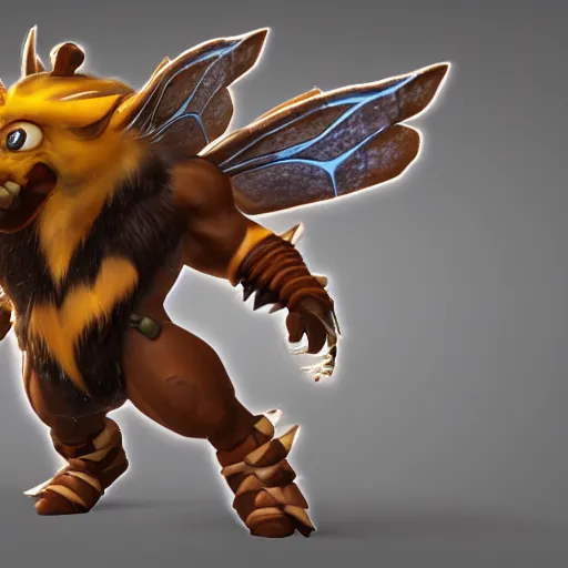 Prompt: legue of legend character Sejuani's Hog, but in a bee skin with bee wings, 3d graphics, octane rendered