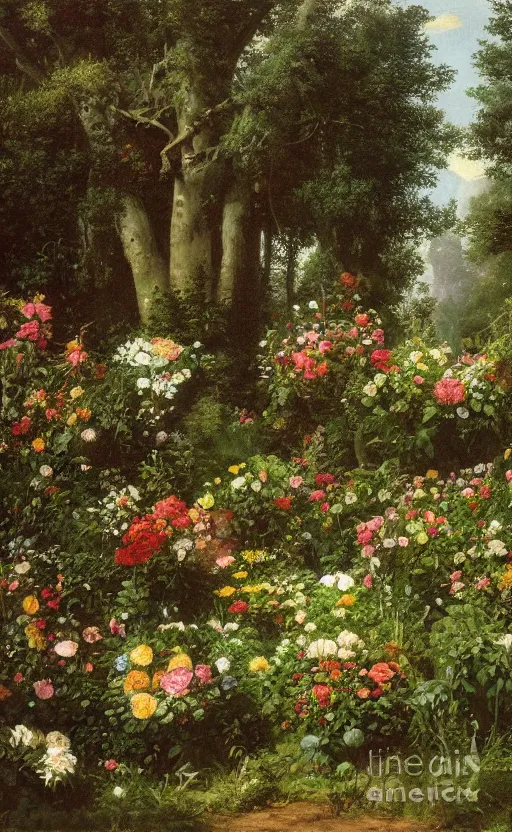 Image similar to artwork painting of a lush environment, flowers by grave by eugene von guerard, ivan shishkin