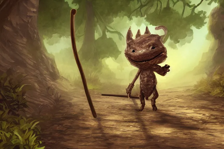 Image similar to a lone d & d kobold, traveling long dirt road, carrying a bindle on a stick, fantasy setting, 4 k, digital art