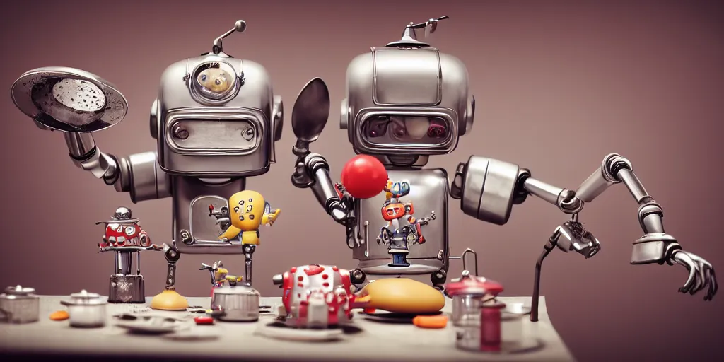 Image similar to closeup portrait of tin toy retro robot mad scientists cooking pastry in a kitchen, depth of field, zeiss lens, detailed, centered, fashion photoshoot, by nicoletta ceccoli, mark ryden, lostfish, breathtaking, 8 k resolution, extremely detailed, beautiful, establishing shot, artistic, hyperrealistic, octane render