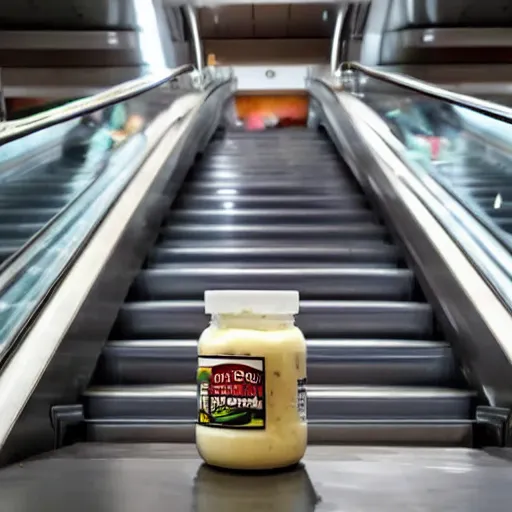 Image similar to a jar of mayonnaise on an escalator