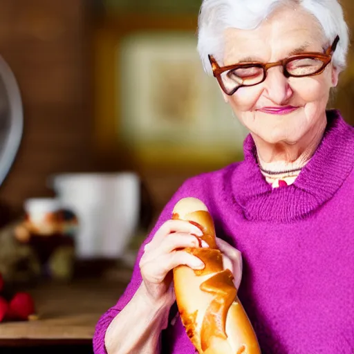 Image similar to old woman and her priceless hot dog, promotional photo from the antiques roadshow, uhd, 8k,